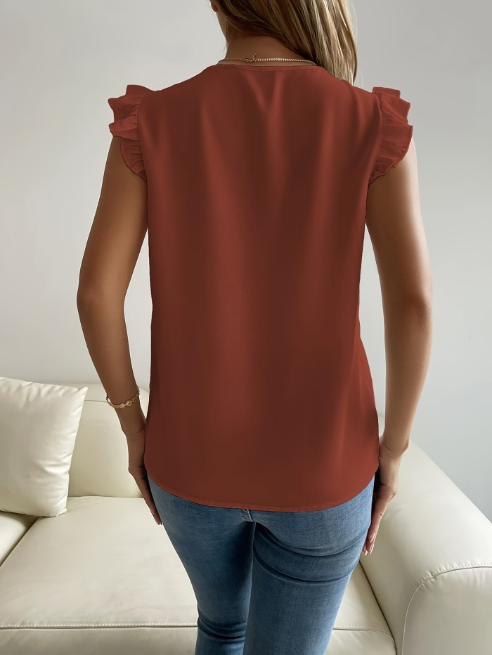 Flutter Sleeve Solid Color Blouse, Elegant V Neck Blouse For Spring & Summer, Women's Clothing