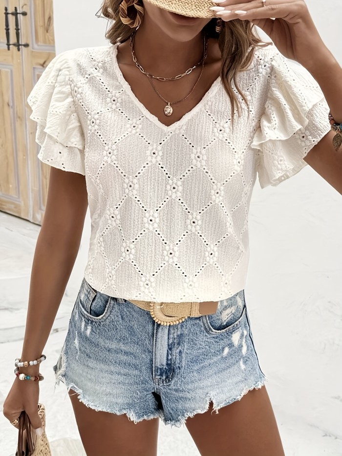 🩰 Lightweight Semi-Sheer V-Neck Lace Cut-Out Blouse