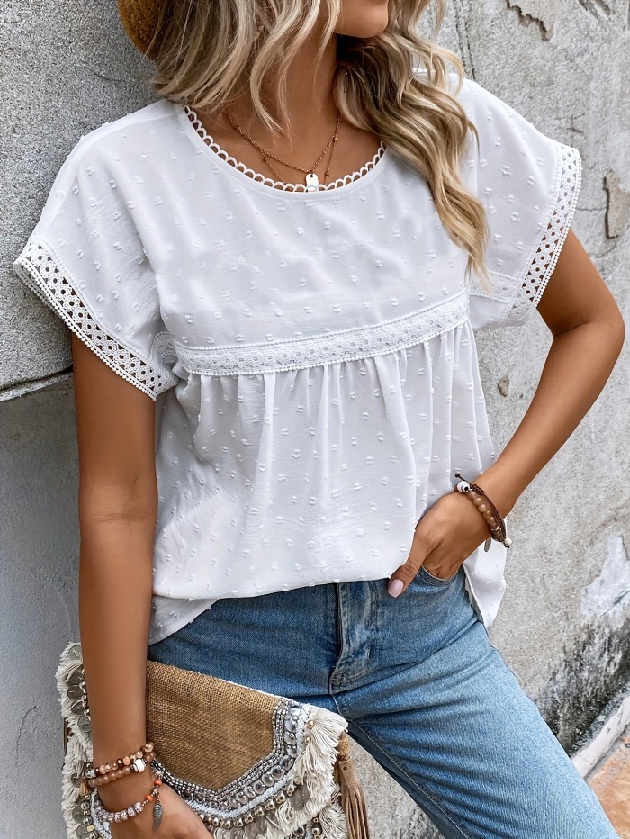 Summer Vacation New Women'S Swiss Polka Dot Color-Block Lace Batwing Sleeve Shirt