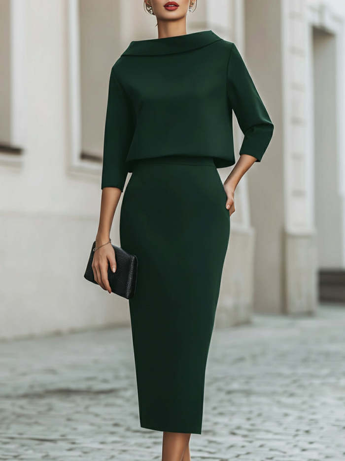 Boat Neck Top And Midi Skirt Set