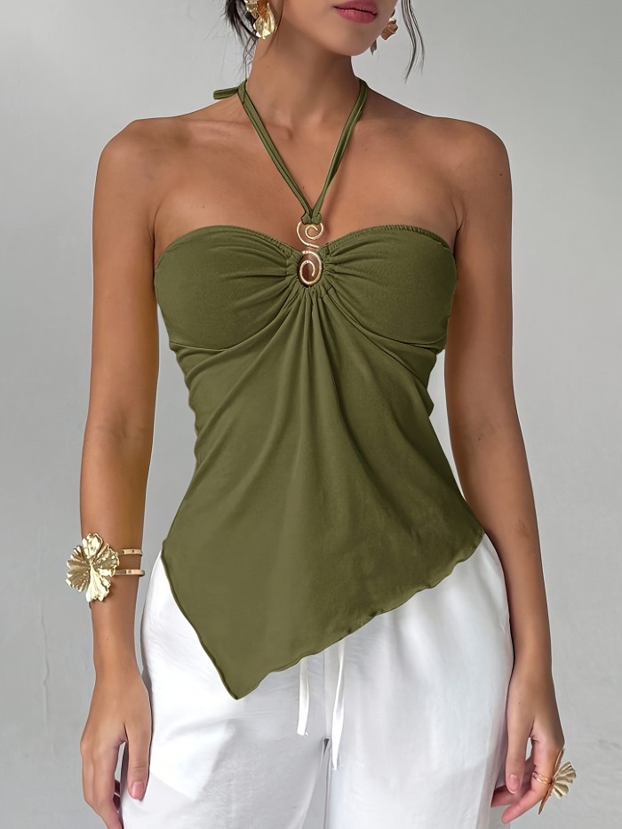 🩷 Halter Neck Ruched Asymmetrical Hem Tank Top