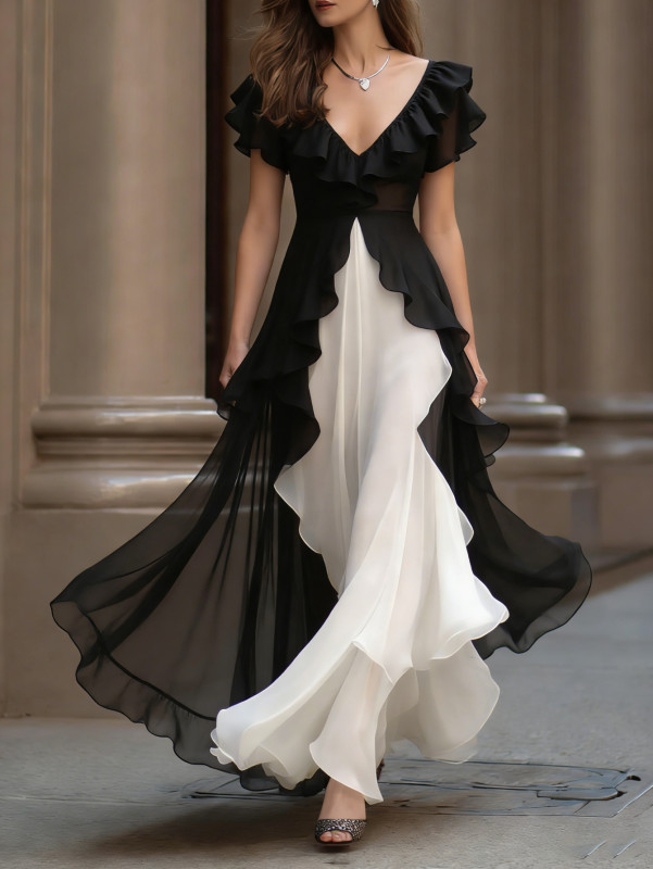 🖤 Black White Contrast Ruffled V-Neck Vintage Maxi Dress