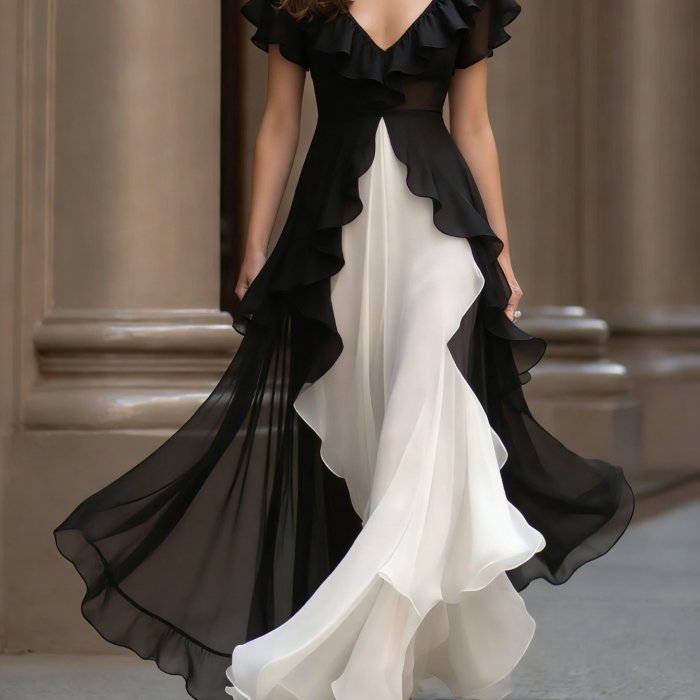 🖤 Black White Contrast Ruffled V-Neck Vintage Maxi Dress