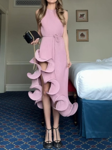🖤 Sleeveless Ruffled Waist-Tie Midi Dress Elegant Casual Daily Date Outfit