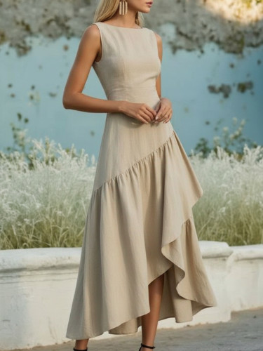 🖤 Light Khaki Sleeveless Asymmetric Ruffled Fit & Flare Maxi Dress