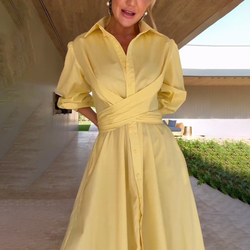🖤 Spring Summer Solid Color Lapel Long Sleeve Single Breasted Lace Up Loose Maxi Shirt Dress