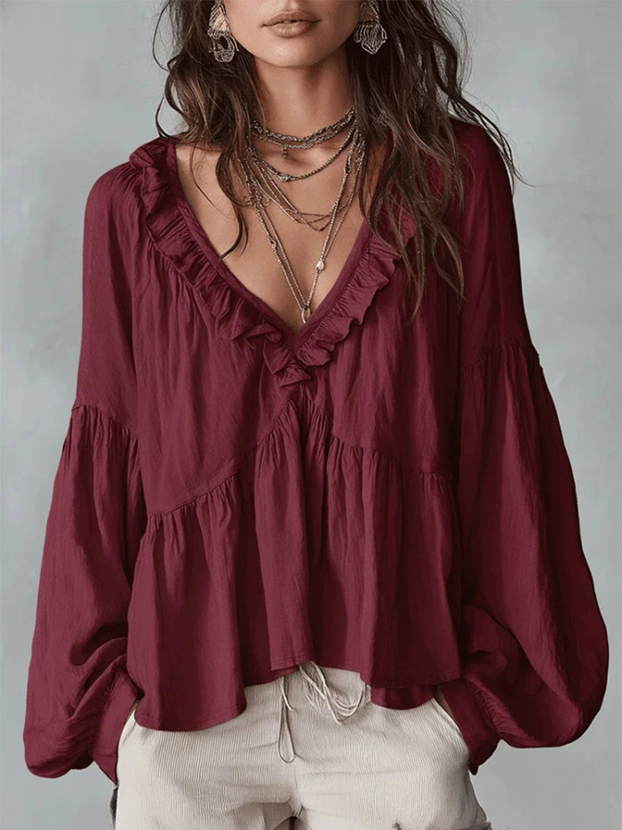 🖤 Casual V-Neck Ruffle Long Sleeve Solid Loose Commute Blouse 🌸