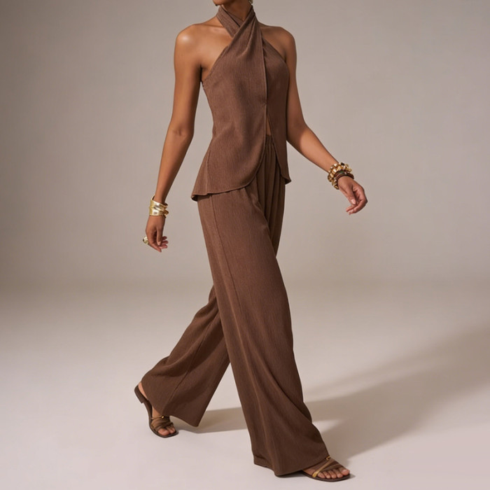 Vintage Backless Halter Top & High Waist Pants Two Piece Set Hollow Out Casual Commute Party Outfit 🌼
