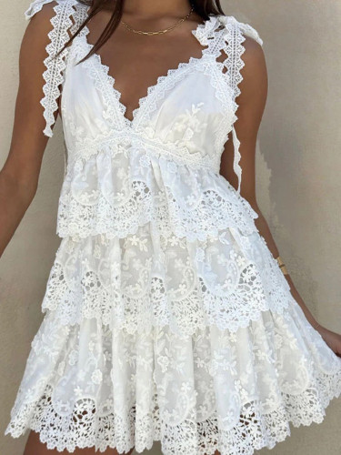 🖤 Sleeveless Backless Tie-Up V-Neck Lace Spliced Pleated Mini Beach Vacation Dress 🌊