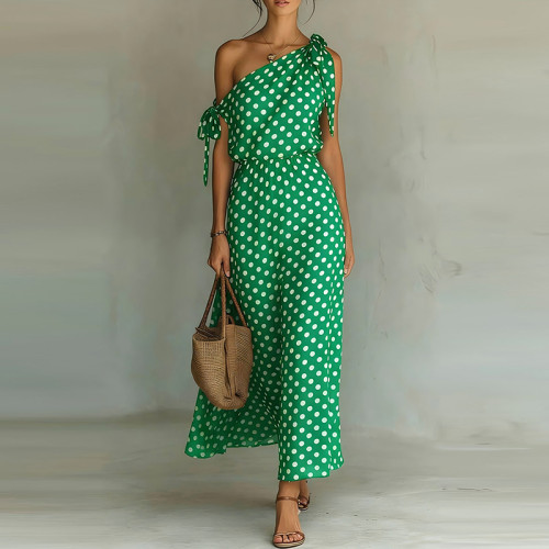 🖤 Trendy Asymmetrical Slash Collar Polka Dot Print Tie Up Hollow Out High Waist Party Dress ✨