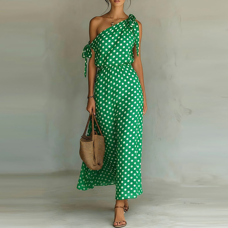 🖤 Trendy Asymmetrical Slash Collar Polka Dot Print Tie Up Hollow Out High Waist Party Dress ✨
