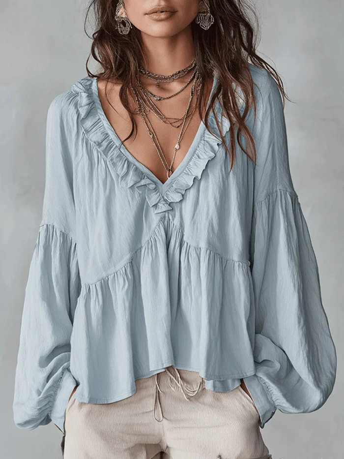 🖤 Casual V-Neck Ruffle Long Sleeve Solid Loose Commute Blouse 🌸