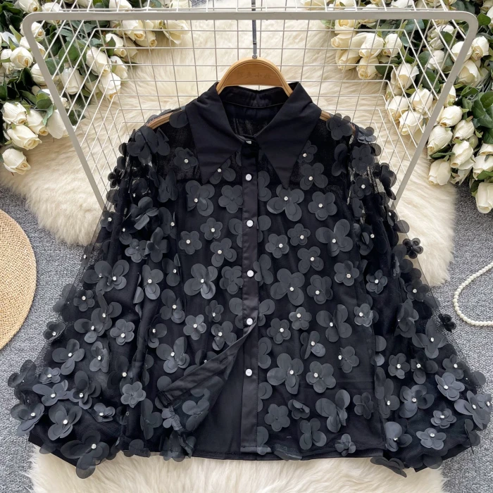 🖤 2026 Spring Loose Patchwork 3D Flower Double Layer Mesh Single Breasted Blouse