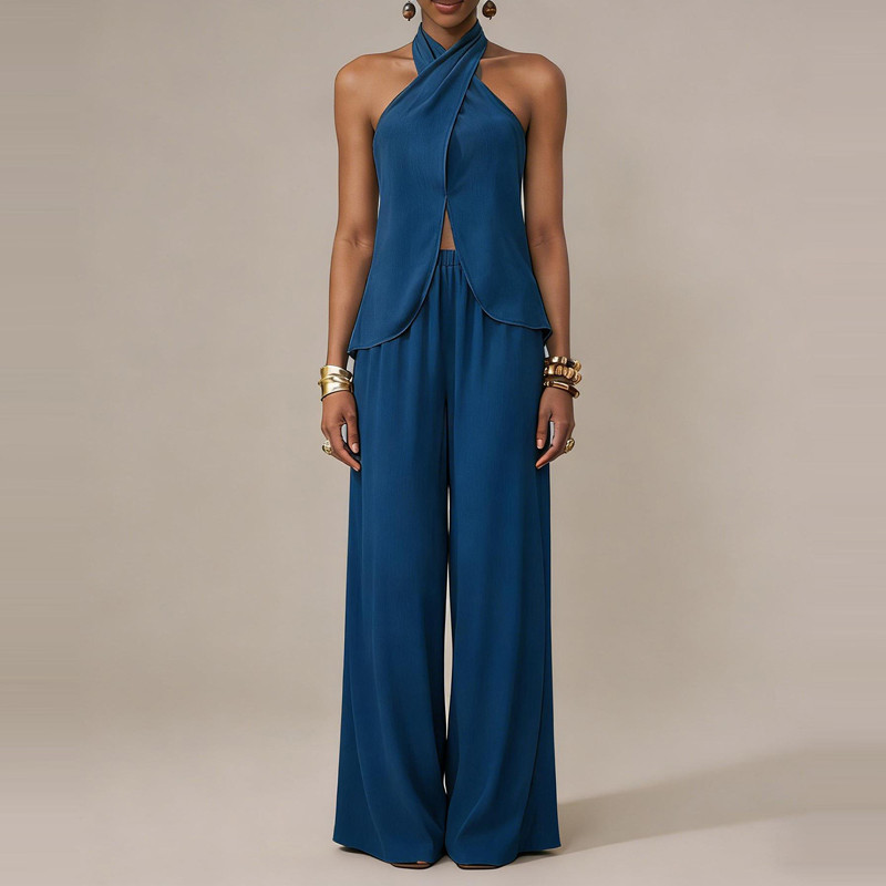 Vintage Backless Halter Top & High Waist Pants Two Piece Set Hollow Out Casual Commute Party Outfit 🌼