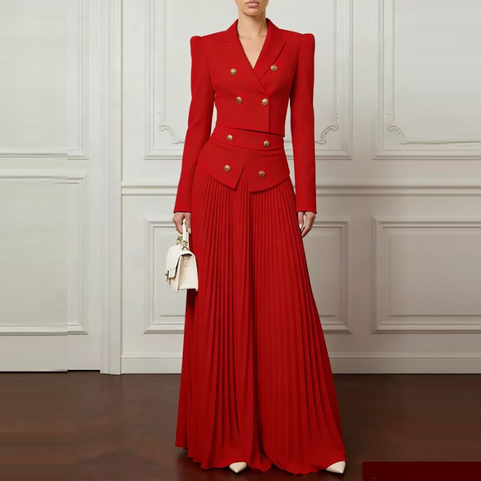 🖤 Elegant V-Neck Button Blazer & Pleated Skirt Two Piece Set Solid Color Spring Summer Outfit ✨