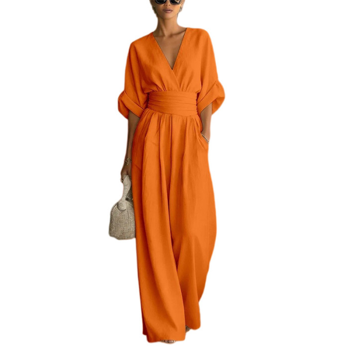 🖤 High Waist V-Neck Solid Color Wide Leg Casual Office Vacation Jumpsuit ✨