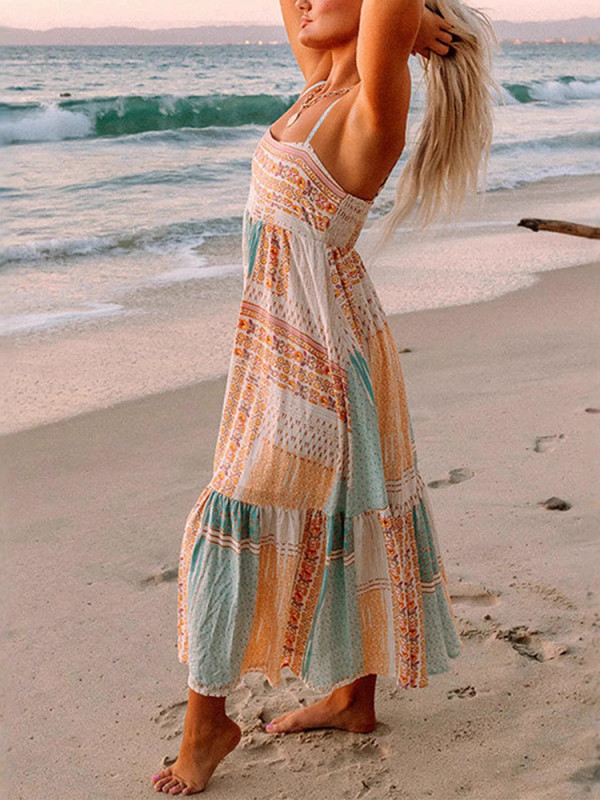 Casual Print Sleeveless Halter Backless Pleated High Waist Beach Party Maxi Dress 🌴