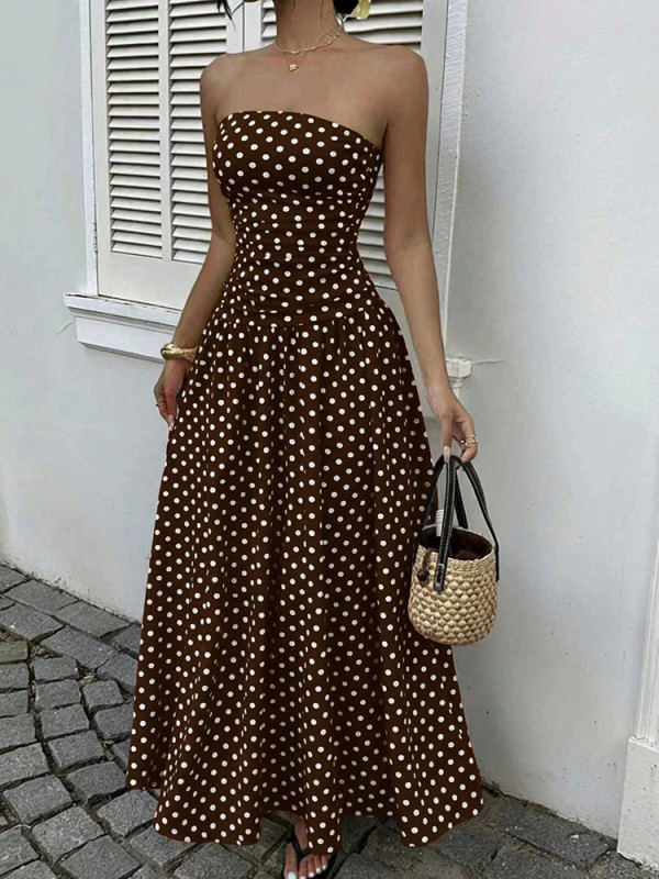 ✨ Off Shoulder Polka Dot Slim Dress High Waist Pleat Maxi Vacation Banquet Dress 🌹