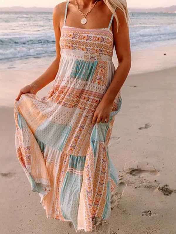 Casual Print Sleeveless Halter Backless Pleated High Waist Beach Party Maxi Dress 🌴