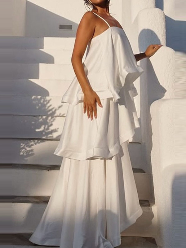 Sexy Solid Color Halter Cake Long Dress Elegant Women's Sleeveless Ruffles Party A-line Dress Summer Casual Loose Vacation Dress