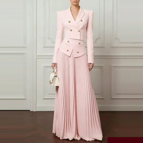 🖤 Elegant V-Neck Button Blazer & Pleated Skirt Two Piece Set Solid Color Spring Summer Outfit ✨