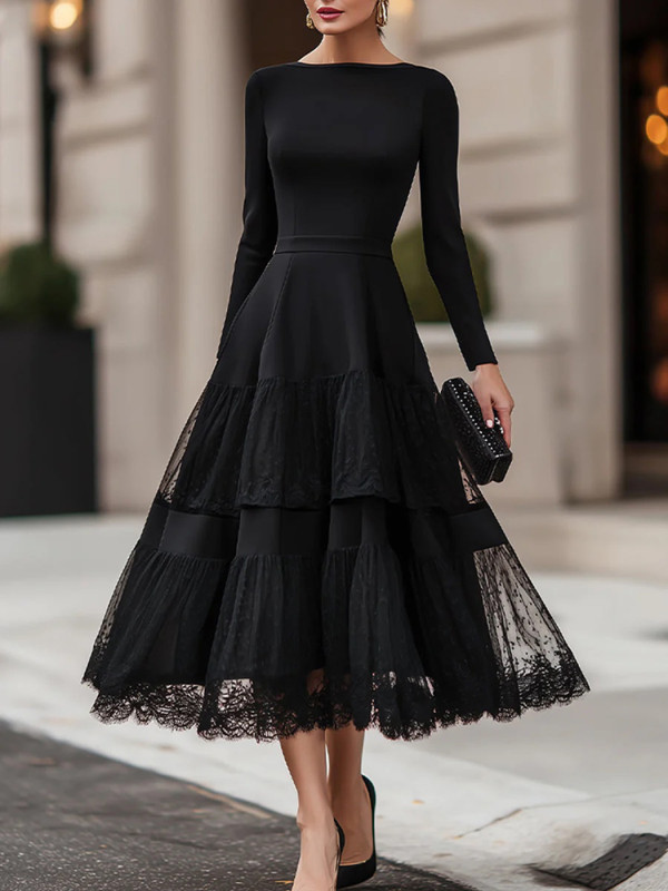 ✨ Elegant Solid Slim Evening Dress High Waist A-Line O-Neck Lace Hem 🌹