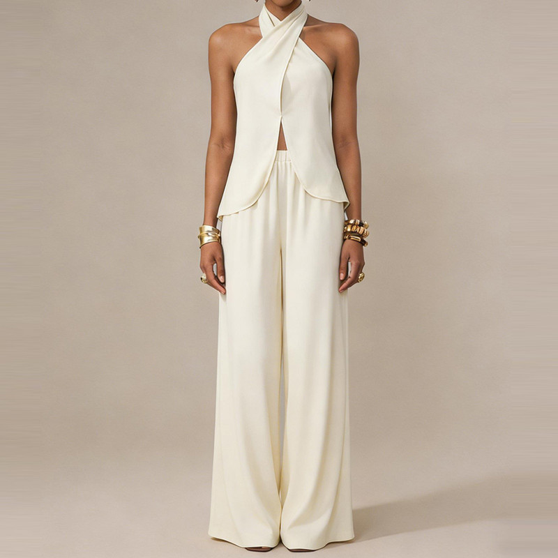 Vintage Backless Halter Top & High Waist Pants Two Piece Set Hollow Out Casual Commute Party Outfit 🌼