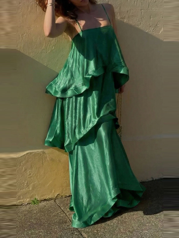 Sexy Solid Color Halter Cake Long Dress Elegant Women's Sleeveless Ruffles Party A-line Dress Summer Casual Loose Vacation Dress