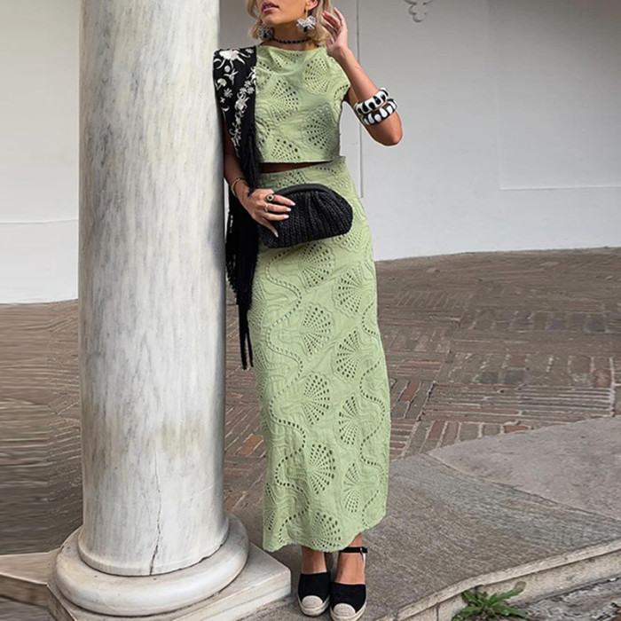 ✨ Summer Solid Slim Vacation Set Lace Hollow Crop Top & High Waist Skirt 🌿