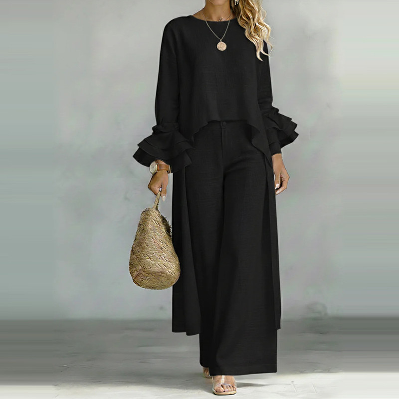 🖤 Casual O-Neck Long Sleeve Top & Pants Two Piece Set Loose Commute Outfit ☁️