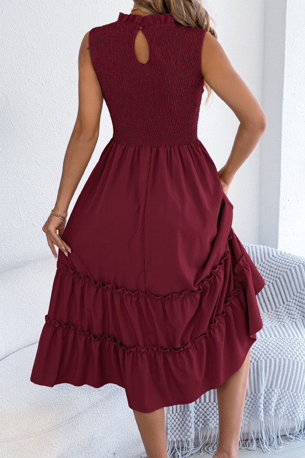 Solid Color Sleeveless Tucked Patchwork Casual Midi Dress