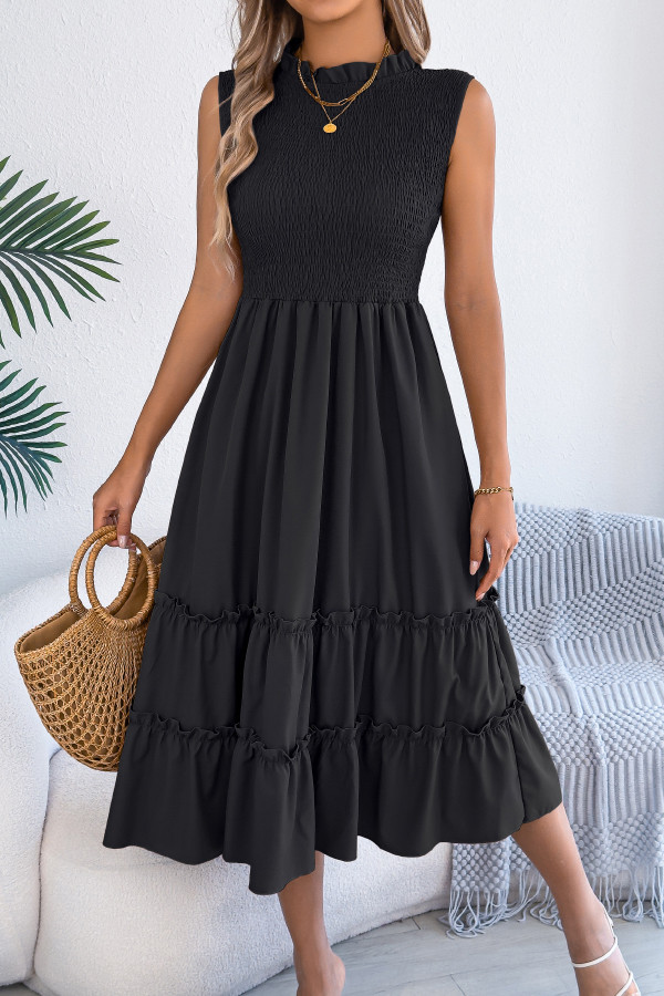 Solid Color Sleeveless Tucked Patchwork Casual Midi Dress