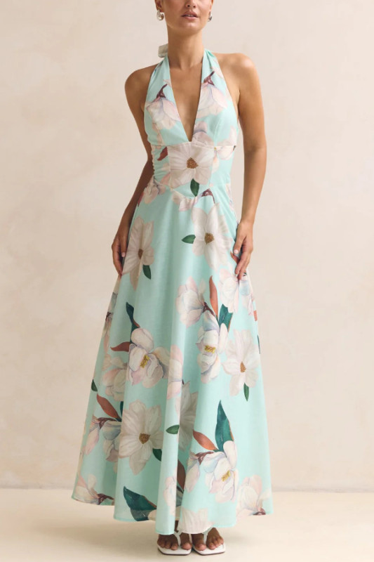 Floral Print V-neck Backless Tie-up Fitted Waist Elegant Maxi Dress