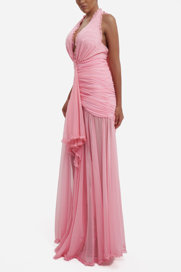 Elegant V-neck Sleeveless Pleated Ribbon Mesh Hem Maxi Dress