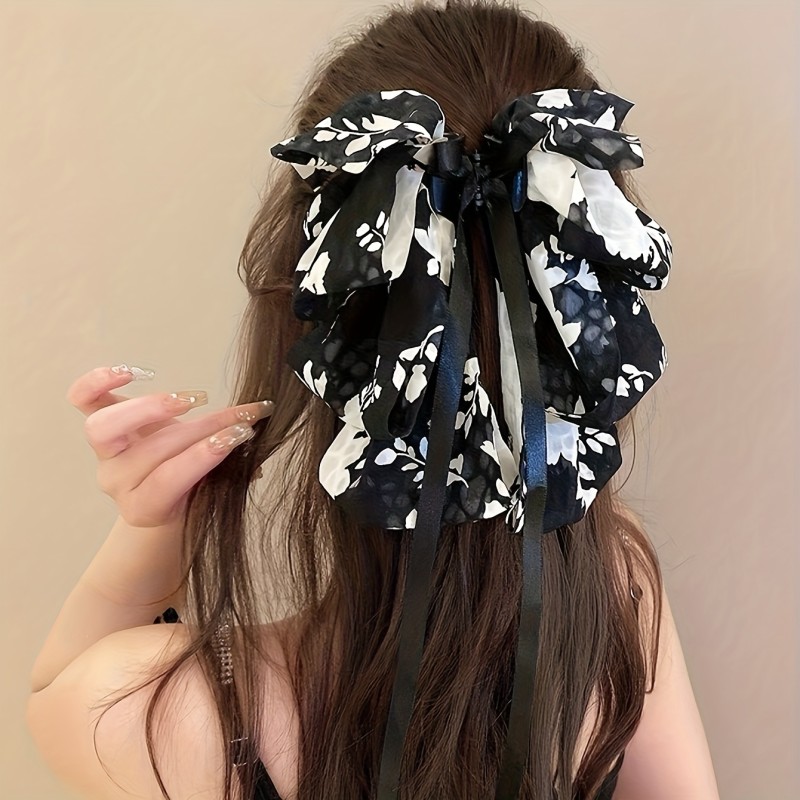 ✨ Vintage Chinese Ink-Wash Floral Bow Hair Clip with Tassel Black White Elegant Wedding Party Daily Hair Pin 🎍