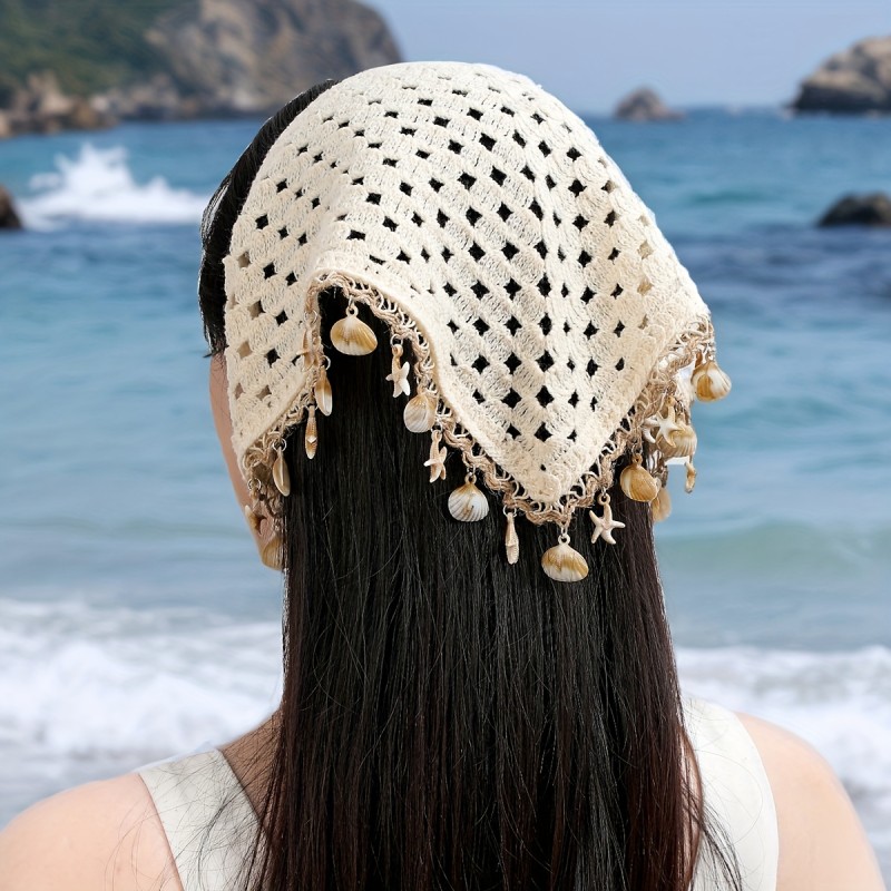 ✨ Beige Shell Fringe Crochet Headband Scarf Boho Beach Daily Hair Accessory 🌊
