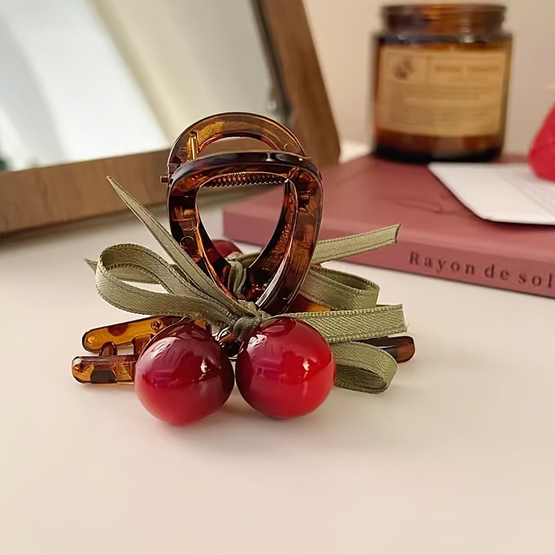 1pc Summer Cherry Clips, Hair Clips, Cherry Bows, Hair Clips, Female Head, Folded Hair, High Ponytail Half-tied Shark Clips, Hair Card