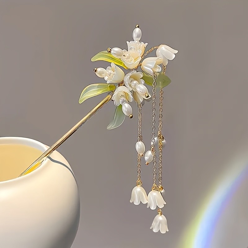 Artificial Jade Orchid Hairpin, Ancient Style Hairpin for Hanfu, Women's Qipao Hair Accessory with Tassels,, and Metal Hairpin with Moving Beads