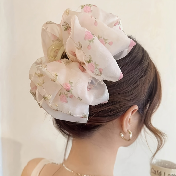 1pc Elegant Flower Mesh Bowknot Decorative Hair Claw Clip Large Vintage Hair Grab Clip Ponytail Holder for Women And