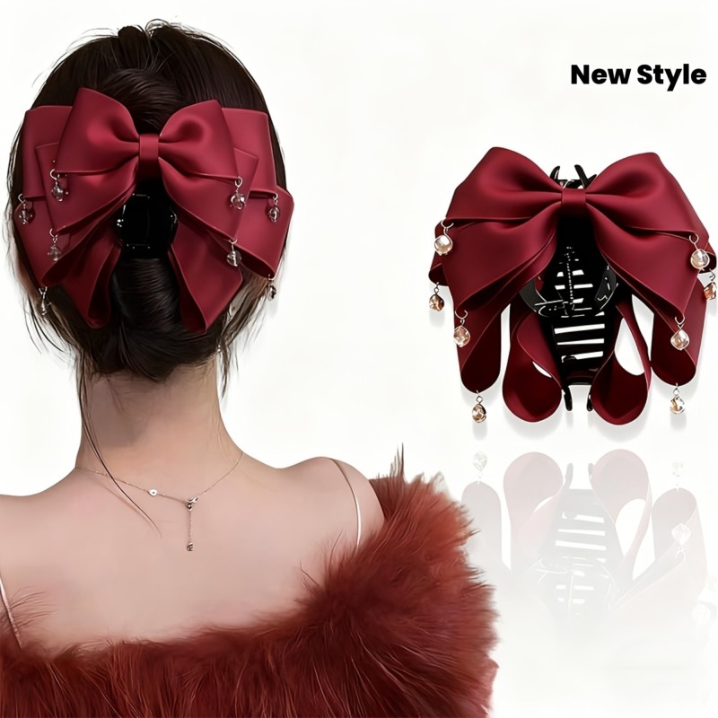 ✨ Vintage Elegant Faux Crystal Tassel Bow Hair Claw Large Non‑Slip Shark Clip Women Daily Festive Hair Accessory 💎