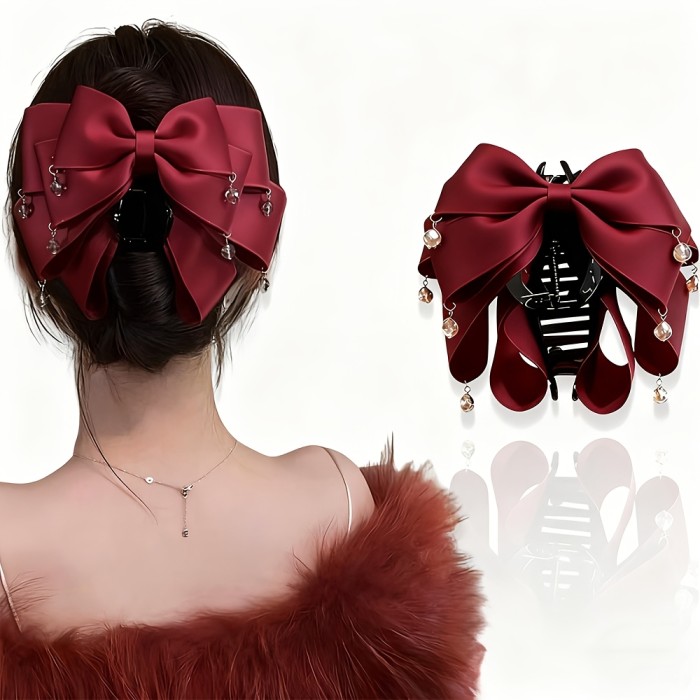 ✨ Vintage Elegant Faux Crystal Tassel Bow Hair Claw Large Non‑Slip Shark Clip Women Daily Festive Hair Accessory 💎