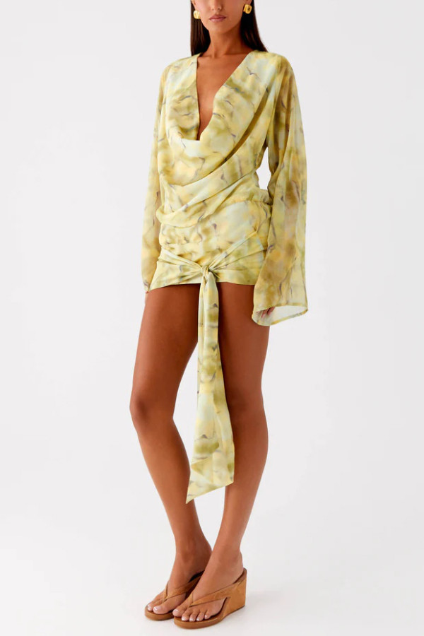 Tie-dye Print V-neck Long-sleeved Ribbon Vacation Mini Dress