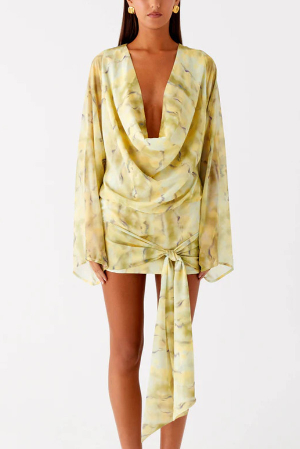Tie-dye Print V-neck Long-sleeved Ribbon Vacation Mini Dress