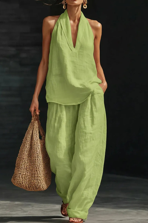 Linen Blend Solid Color V-neck Sleeveless Loose Top and Elastic Waist Casual Pocket Pants Set