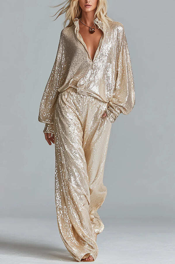 Glamorous Day Sequin Half Zip Loose Shirt and Elastic Waist Pocket Wide Leg Pants Set