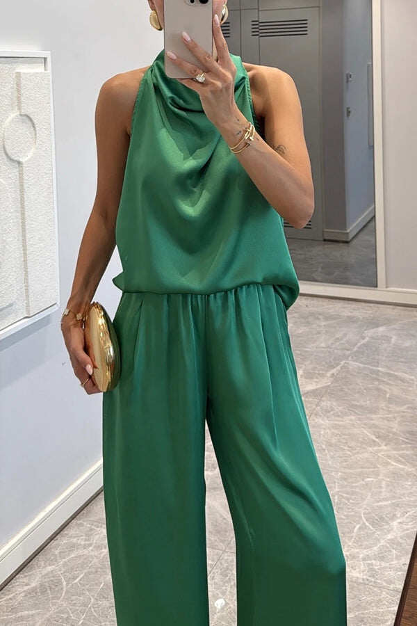 Classic on You Satin High Cowl Neck Top and Elastic Waist Pocket Loose Pants Set