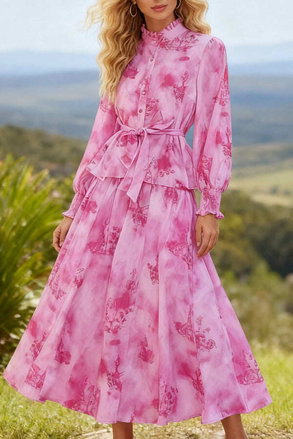 Unique Printed Turtleneck Long Sleeve Casual Top and Elastic Waist Holiday Maxi Skirt Set