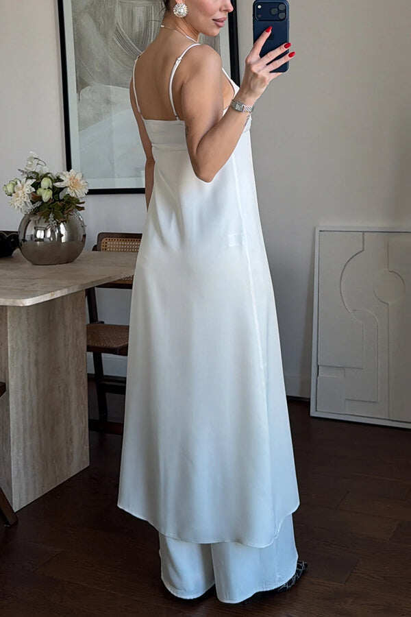 Giselle Satin Front Button Cutout Slit Midi Top and Elastic Wst Loose Pants Set