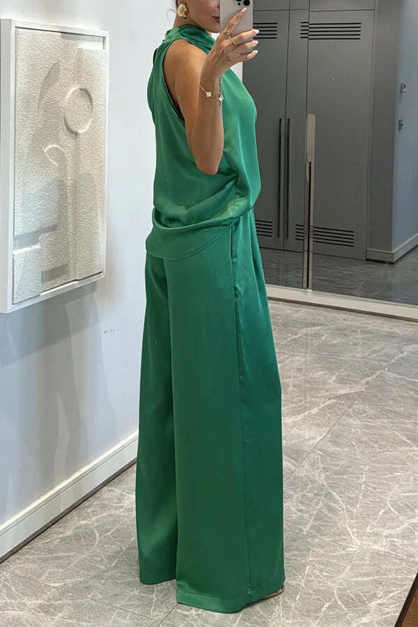 Classic on You Satin High Cowl Neck Top and Elastic Waist Pocket Loose Pants Set