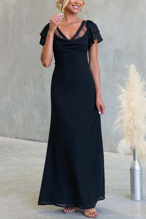 Midnight Charm Lace Detl Cowl Neck Bell Tiered Short Sleeve Maxi Dress